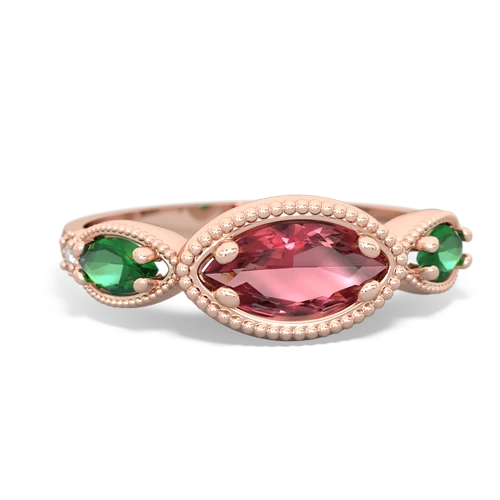 Pink Tourmaline Genuine Pink Tourmaline with Lab Created Emerald and  Antique Style Keepsake ring Ring