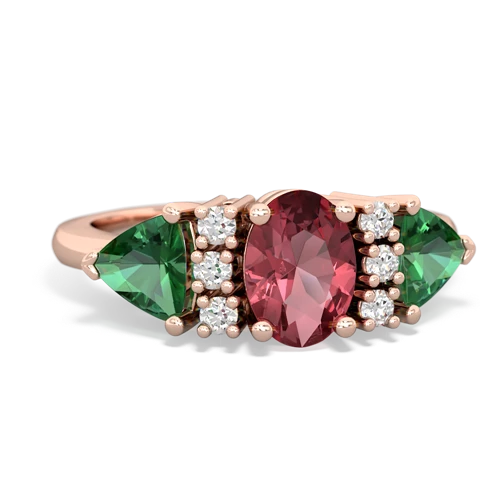 Pink Tourmaline Genuine Pink Tourmaline with Lab Created Emerald and Genuine Swiss Blue Topaz Antique Style Three Stone ring Ring