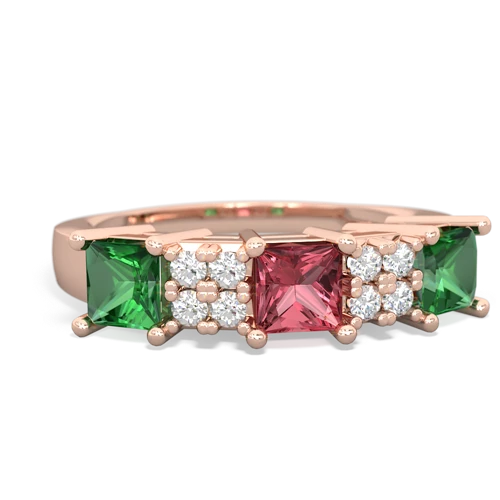Pink Tourmaline Genuine Pink Tourmaline with Lab Created Emerald and Genuine Aquamarine Three Stone ring Ring