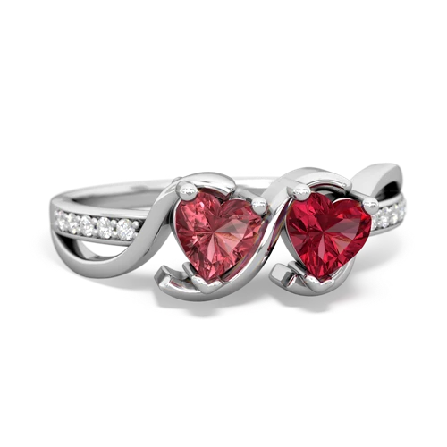 tourmaline-lab ruby double heart ring