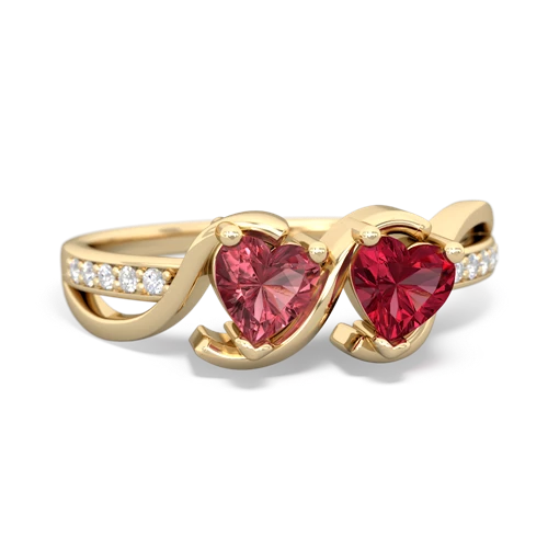 tourmaline-lab ruby double heart ring