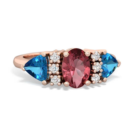 Pink Tourmaline Genuine Pink Tourmaline with Genuine London Blue Topaz and Genuine Peridot Antique Style Three Stone ring Ring