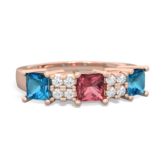 Pink Tourmaline Genuine Pink Tourmaline with Genuine London Blue Topaz and Genuine Peridot Three Stone ring Ring
