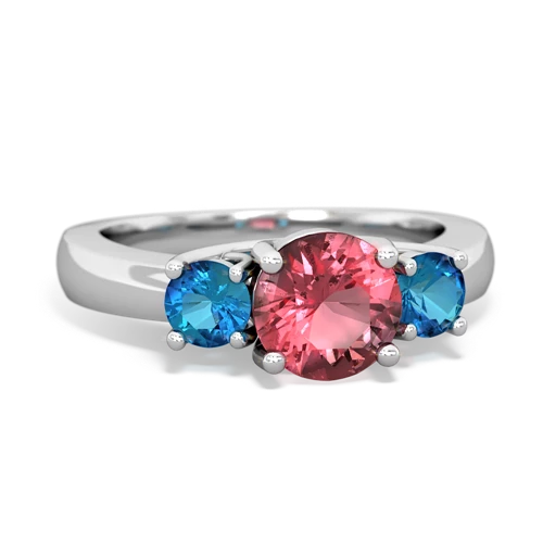 Pink Tourmaline Genuine Pink Tourmaline with Genuine London Blue Topaz and Genuine Emerald Three Stone Trellis ring Ring