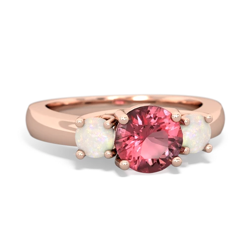 Pink Tourmaline Genuine Pink Tourmaline with Genuine Opal and Lab Created Emerald Three Stone Trellis ring Ring