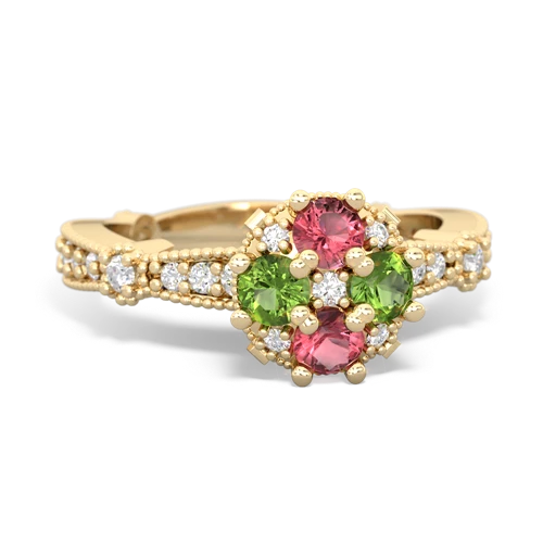 Pink Tourmaline Genuine Pink Tourmaline with Genuine Peridot Milgrain Antique Style ring Ring