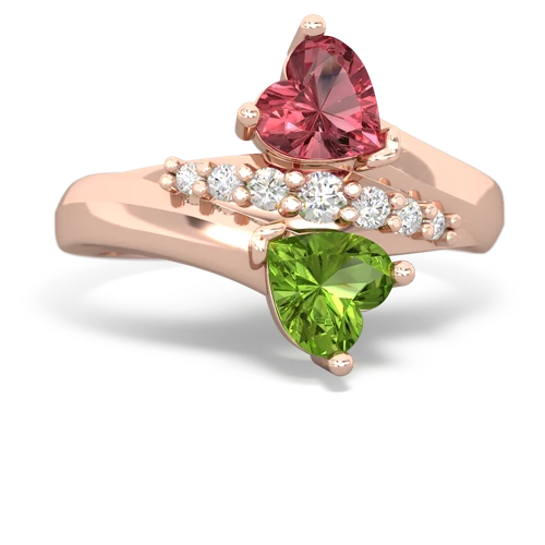 Pink Tourmaline Genuine Pink Tourmaline with Genuine Peridot Heart to Heart Bypass ring Ring