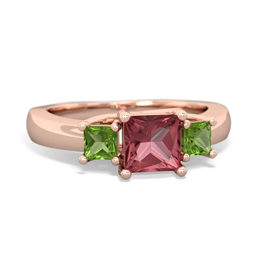 Pink Tourmaline Genuine Pink Tourmaline with Genuine Peridot and Genuine Aquamarine Three Stone Trellis ring Ring