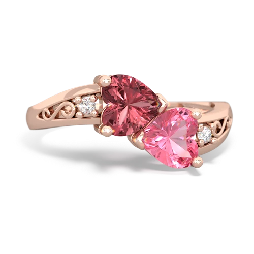 Pink Tourmaline Genuine Pink Tourmaline with Lab Created Pink Sapphire Snuggling Hearts ring Ring