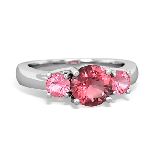Pink Tourmaline Genuine Pink Tourmaline with Lab Created Pink Sapphire and Genuine Fire Opal Three Stone Trellis ring Ring