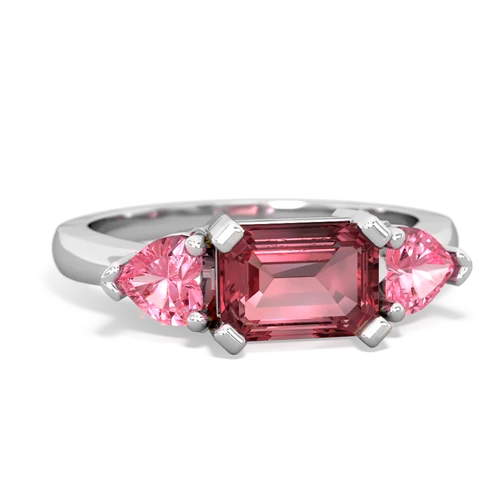 Pink Tourmaline Genuine Pink Tourmaline with Lab Created Pink Sapphire and Genuine Emerald Three Stone ring Ring