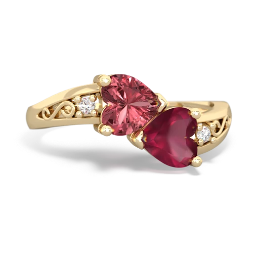 Pink Tourmaline Genuine Pink Tourmaline with Genuine Ruby Snuggling Hearts ring Ring