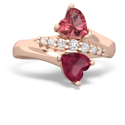 Pink Tourmaline Genuine Pink Tourmaline with Genuine Ruby Heart to Heart Bypass ring Ring