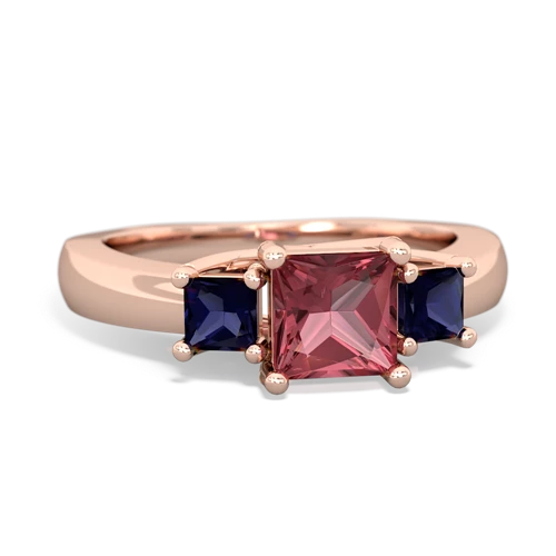 Pink Tourmaline Genuine Pink Tourmaline with Genuine Sapphire and Genuine Aquamarine Three Stone Trellis ring Ring