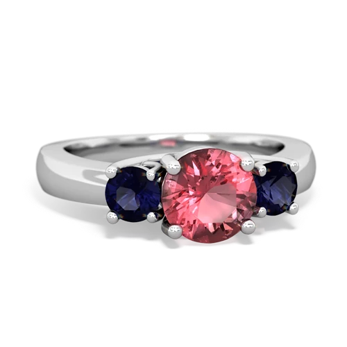 Pink Tourmaline Genuine Pink Tourmaline with Genuine Sapphire and Genuine Aquamarine Three Stone Trellis ring Ring