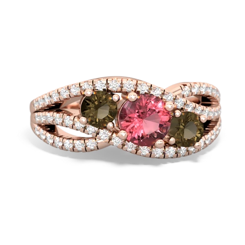 tourmaline-smoky quartz three stone pave ring