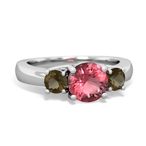 Genuine Pink Tourmaline with Genuine Smoky Quartz and Genuine Peridot Three Stone Trellis ring