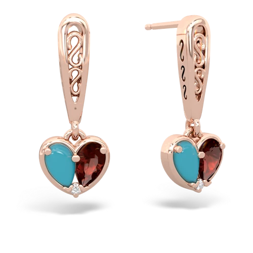 turquoise-garnet filligree earrings
