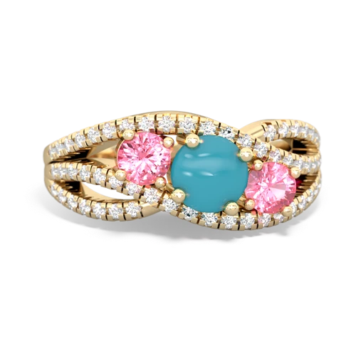 turquoise-pink sapphire three stone pave ring