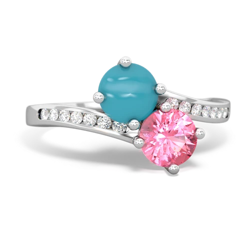 turquoise-pink sapphire two stone channel ring