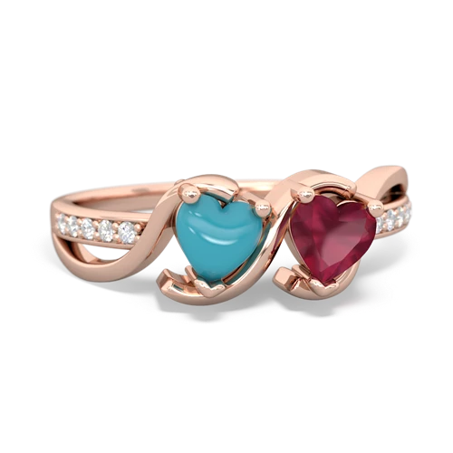 turquoise-ruby double heart ring