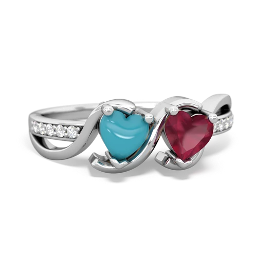 turquoise-ruby double heart ring