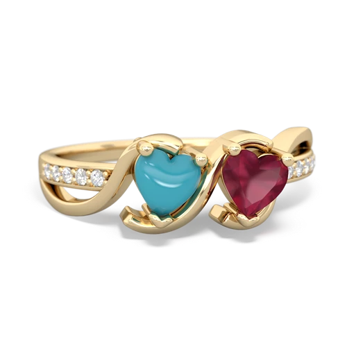 turquoise-ruby double heart ring