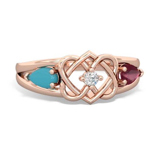 turquoise-ruby double heart ring