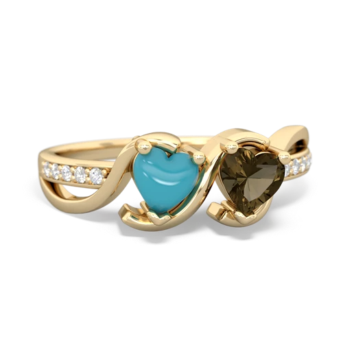 turquoise-smoky quartz double heart ring