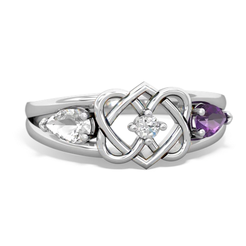 white topaz-amethyst double heart ring