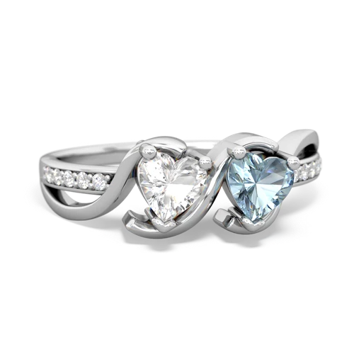 white topaz-aquamarine double heart ring