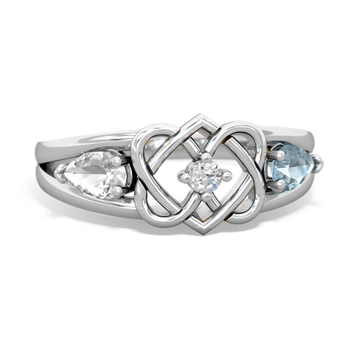 white topaz-aquamarine double heart ring