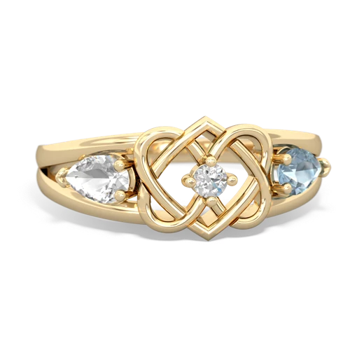 white topaz-aquamarine double heart ring