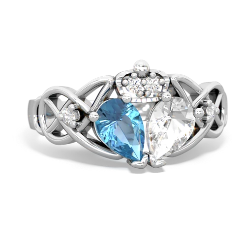 white topaz-blue topaz claddagh ring