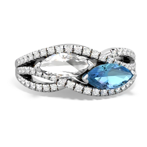 white topaz-blue topaz double heart ring