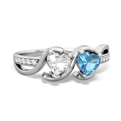 white topaz-blue topaz double heart ring
