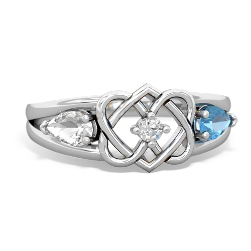 white topaz-blue topaz double heart ring