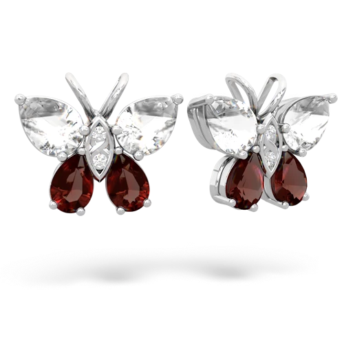 white topaz-garnet butterfly earrings