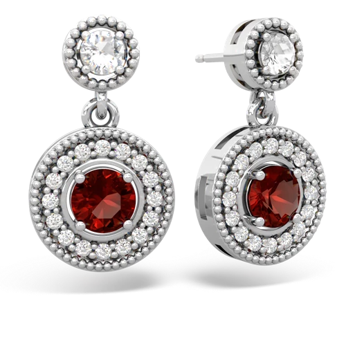 white topaz-garnet halo earrings