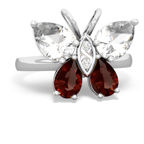 white topaz-garnet butterfly ring