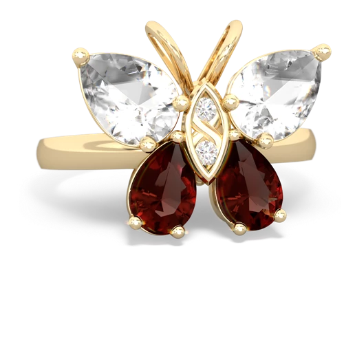 white topaz-garnet butterfly ring