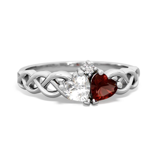 white topaz-garnet celtic braid ring