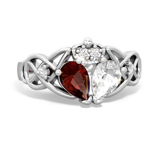 white topaz-garnet claddagh ring