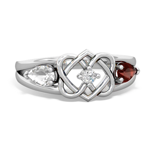 white topaz-garnet double heart ring