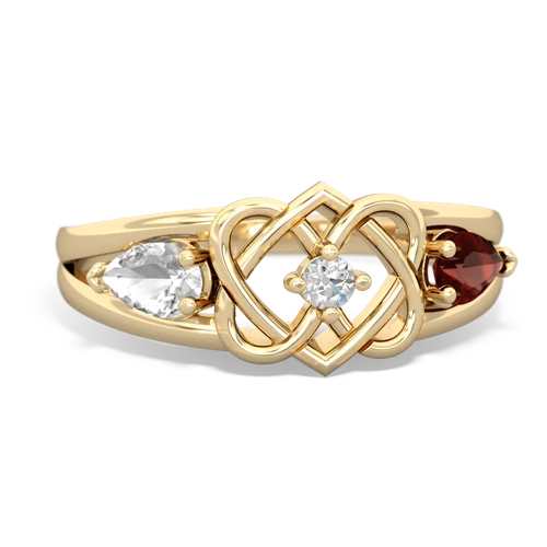 white topaz-garnet double heart ring