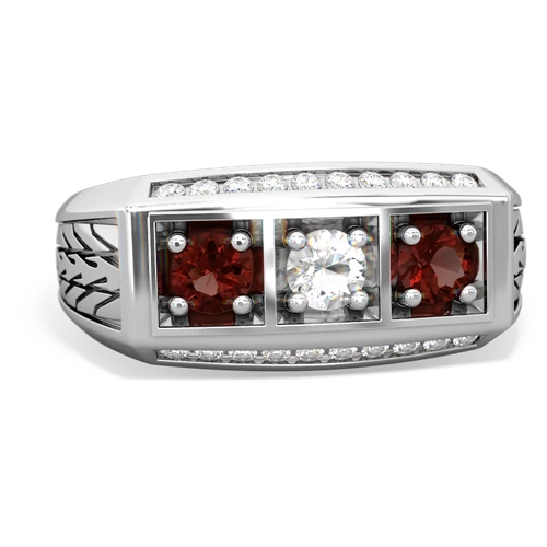 white topaz-garnet three stone ring