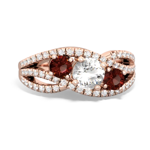 white topaz-garnet three stone pave ring