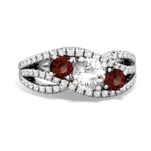 white topaz-garnet three stone pave ring