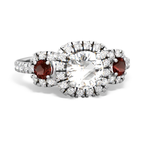 white topaz-garnet three stone regal ring