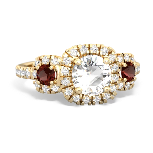 white topaz-garnet three stone regal ring